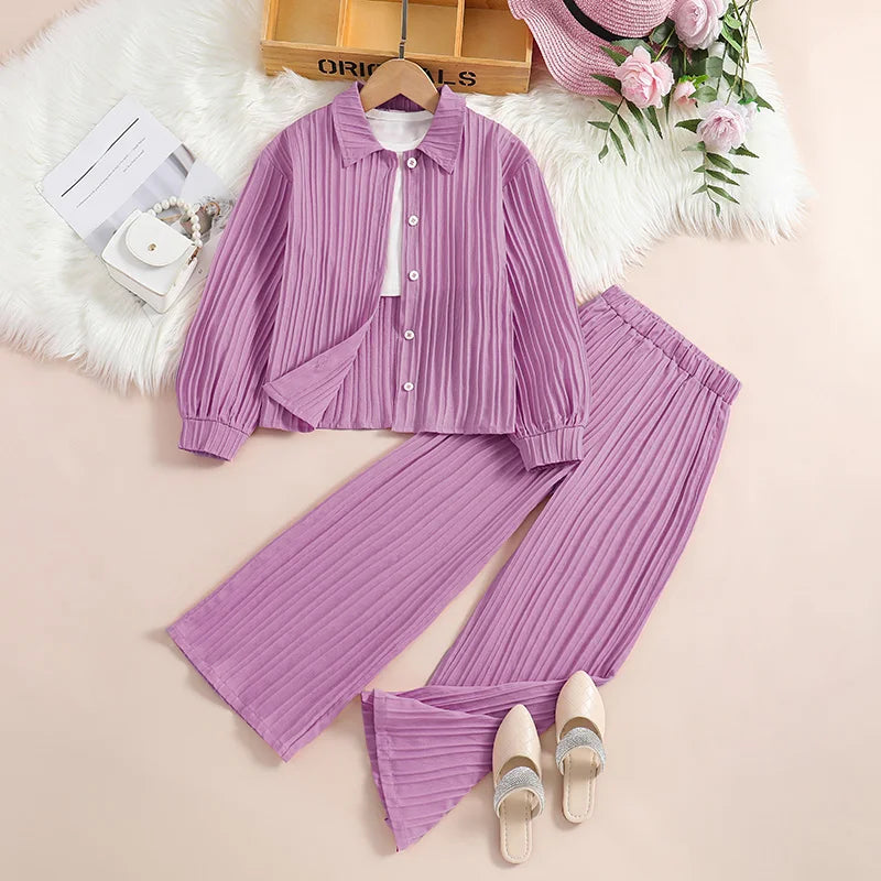 Kids Clothes Children Multicolor Sets 8-12 Years Long Sleeve Lapel Cardigan Shirt +Casual Loose Straight Leg Pants Two-piece Set