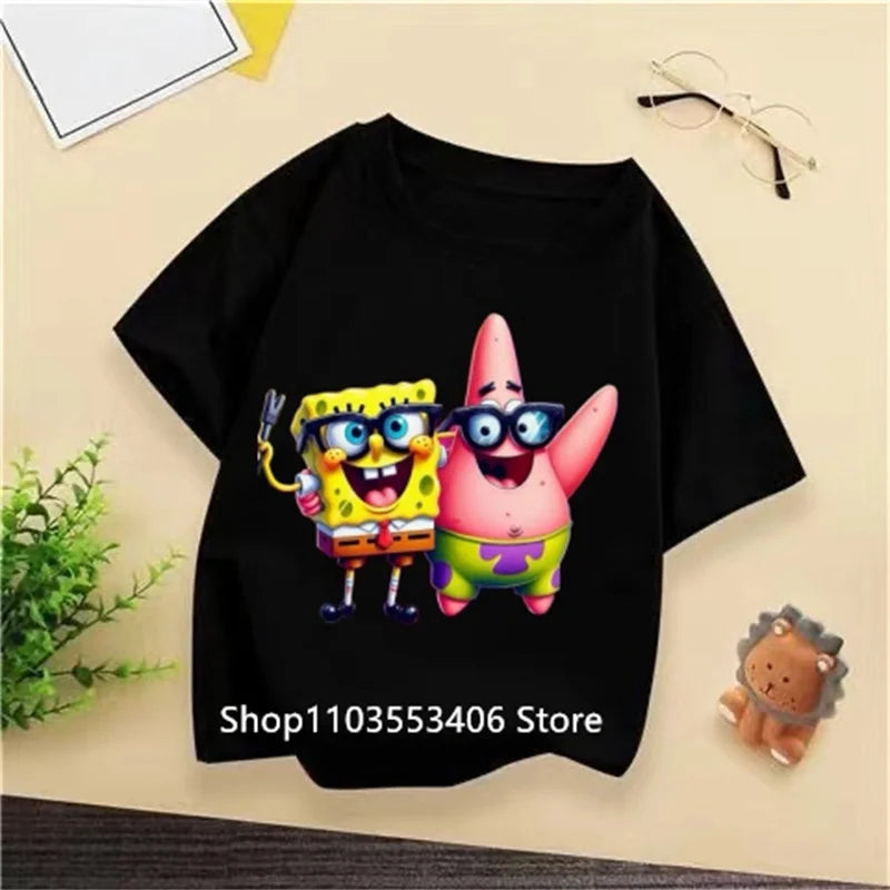 2024 New SpongeBob Summer T-shirt for Kids Boys and Girls Short Sleeve Cartoon Print Kids T-shirt