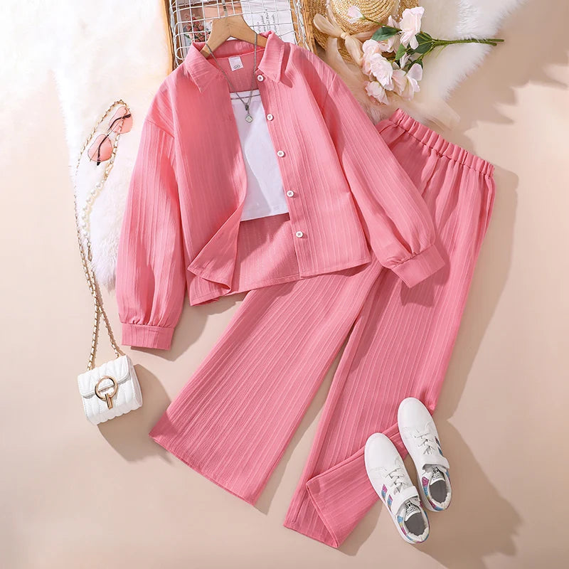 Kids Clothes Children Multicolor Sets 8-12 Years Long Sleeve Lapel Cardigan Shirt +Casual Loose Straight Leg Pants Two-piece Set