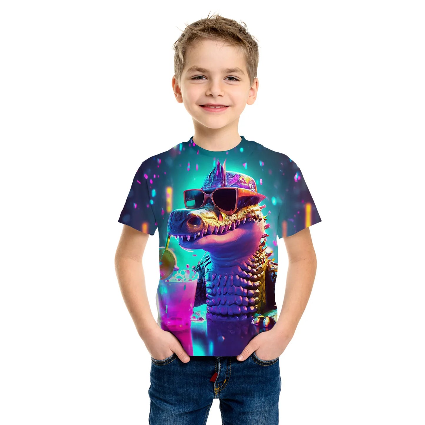 Cool Powerful Dinosaur Colorful 3d Print T Shirt for Kids Boys Casual Short Sleeve T-Shirt for Summer Children's Clothing Tops