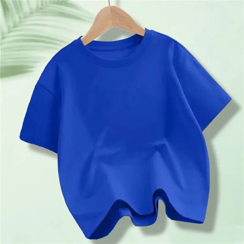 Children's Cotton Short-sleeved T-shirt for Kids in Summer Solid Color Round-neck Tops for Boy Girl