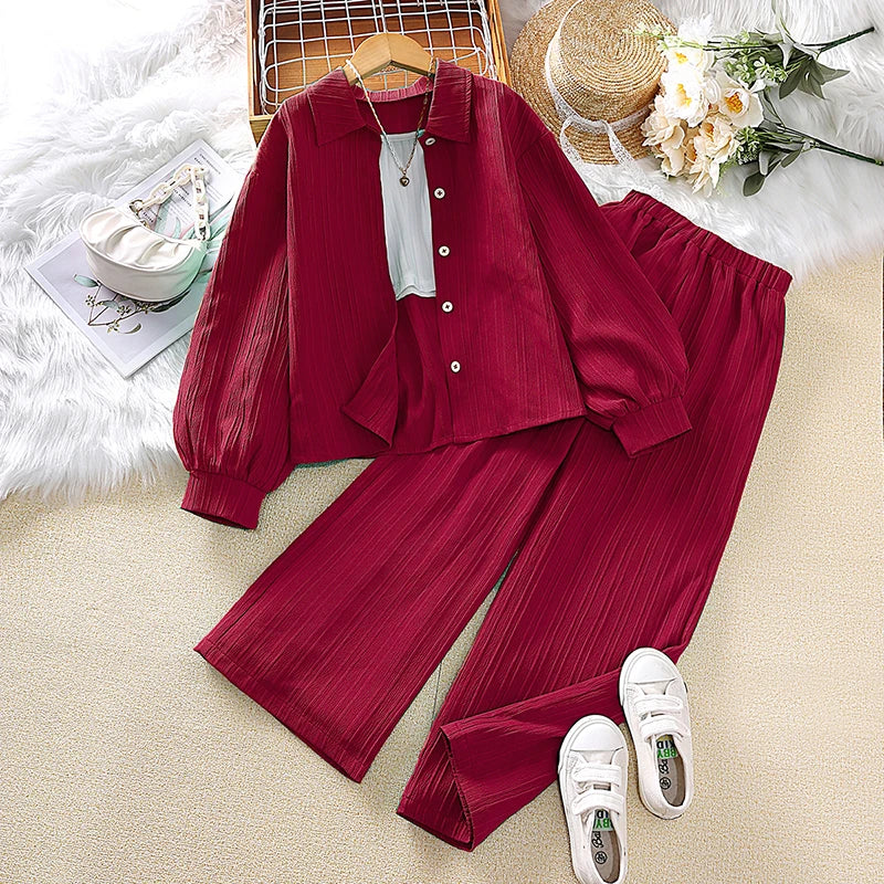 Kids Clothes Children Multicolor Sets 8-12 Years Long Sleeve Lapel Cardigan Shirt +Casual Loose Straight Leg Pants Two-piece Set