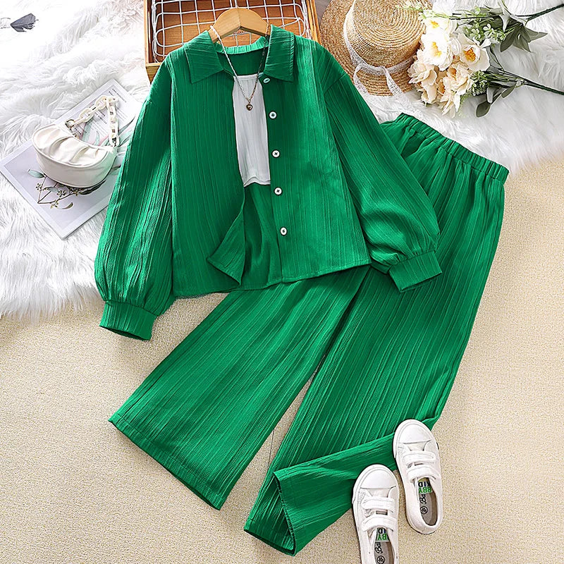Kids Clothes Children Multicolor Sets 8-12 Years Long Sleeve Lapel Cardigan Shirt +Casual Loose Straight Leg Pants Two-piece Set
