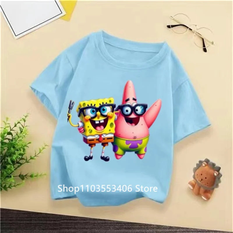 2024 New SpongeBob Summer T-shirt for Kids Boys and Girls Short Sleeve Cartoon Print Kids T-shirt