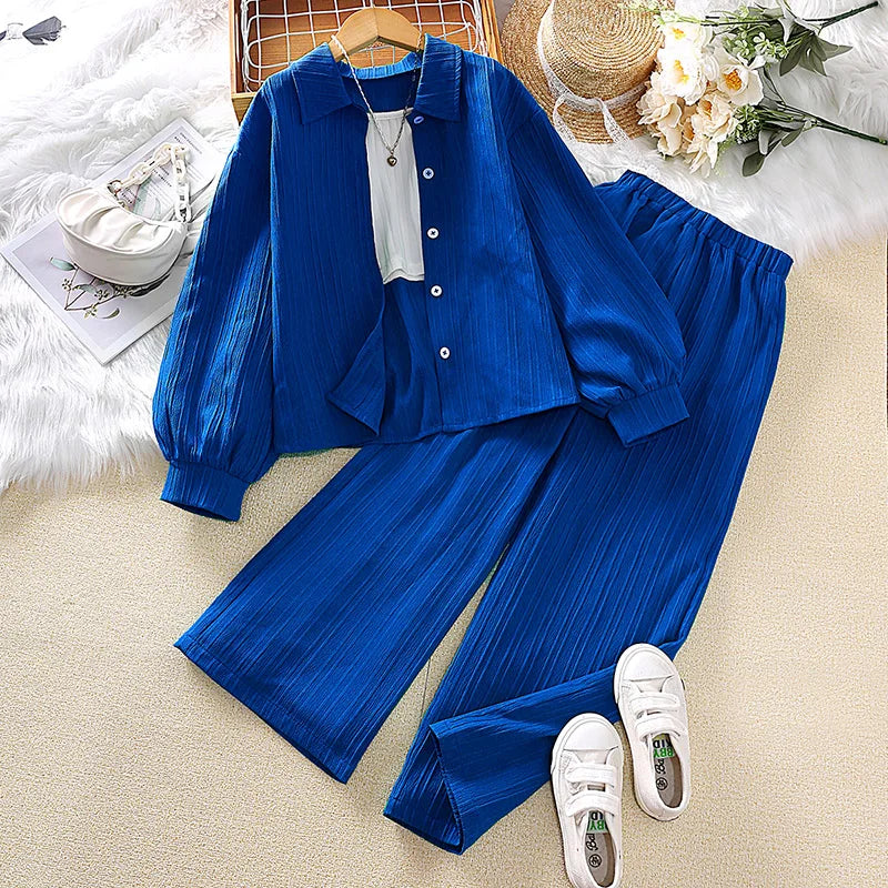 Kids Clothes Children Multicolor Sets 8-12 Years Long Sleeve Lapel Cardigan Shirt +Casual Loose Straight Leg Pants Two-piece Set