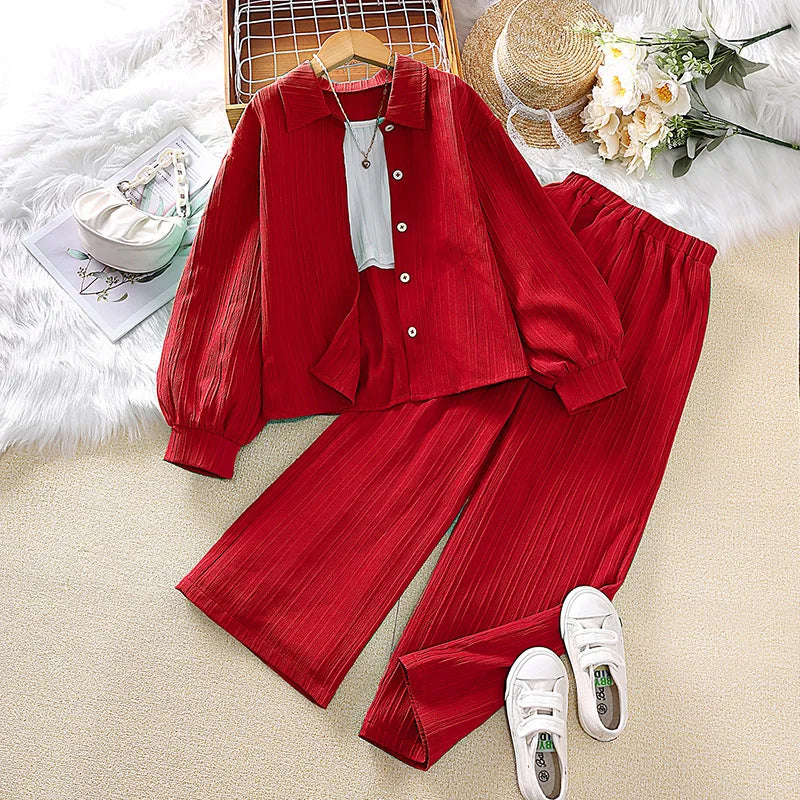 Kids Clothes Children Multicolor Sets 8-12 Years Long Sleeve Lapel Cardigan Shirt +Casual Loose Straight Leg Pants Two-piece Set