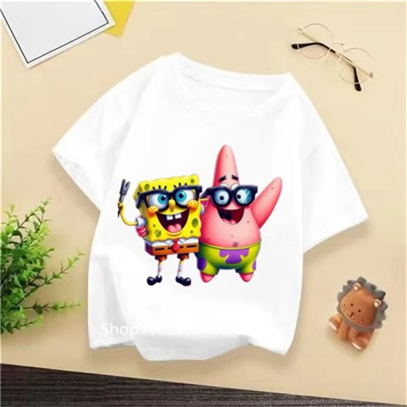 2024 New SpongeBob Summer T-shirt for Kids Boys and Girls Short Sleeve Cartoon Print Kids T-shirt