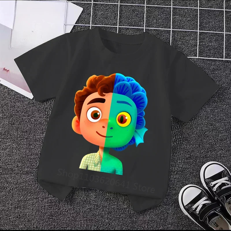 2024 Disney Luca Charming Shorts - Cute Cartoon Game Print T-Shirt For Kids, Ideal For Boys & Girls' Fun Days