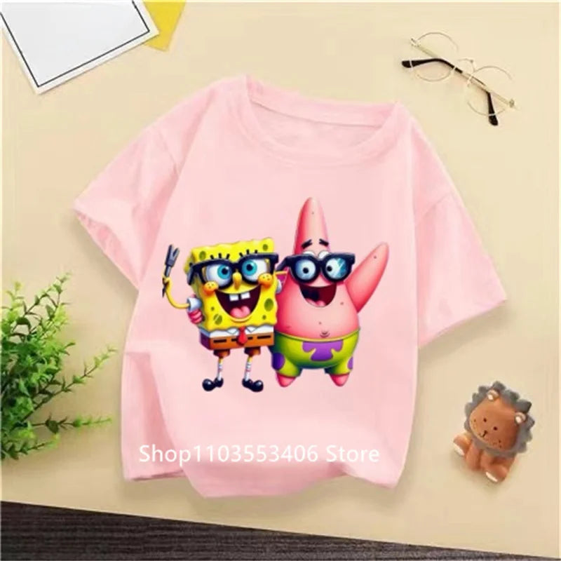 2024 New SpongeBob Summer T-shirt for Kids Boys and Girls Short Sleeve Cartoon Print Kids T-shirt