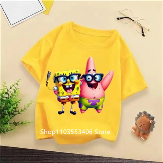 2024 New SpongeBob Summer T-shirt for Kids Boys and Girls Short Sleeve Cartoon Print Kids T-shirt