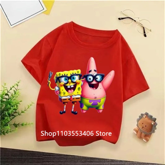 2024 New SpongeBob Summer T-shirt for Kids Boys and Girls Short Sleeve Cartoon Print Kids T-shirt