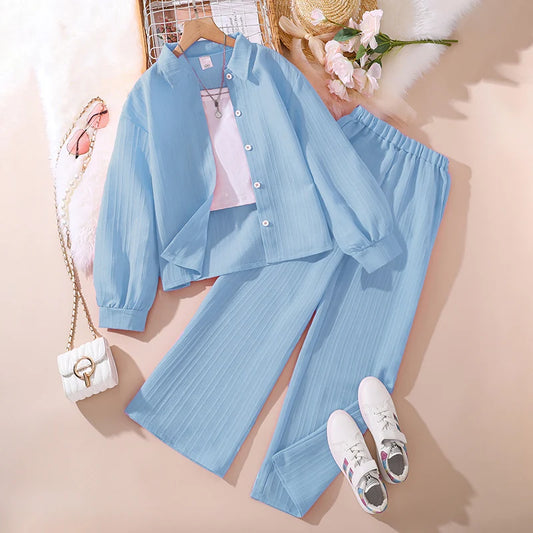 Kids Clothes Children Multicolor Sets 8-12 Years Long Sleeve Lapel Cardigan Shirt +Casual Loose Straight Leg Pants Two-piece Set
